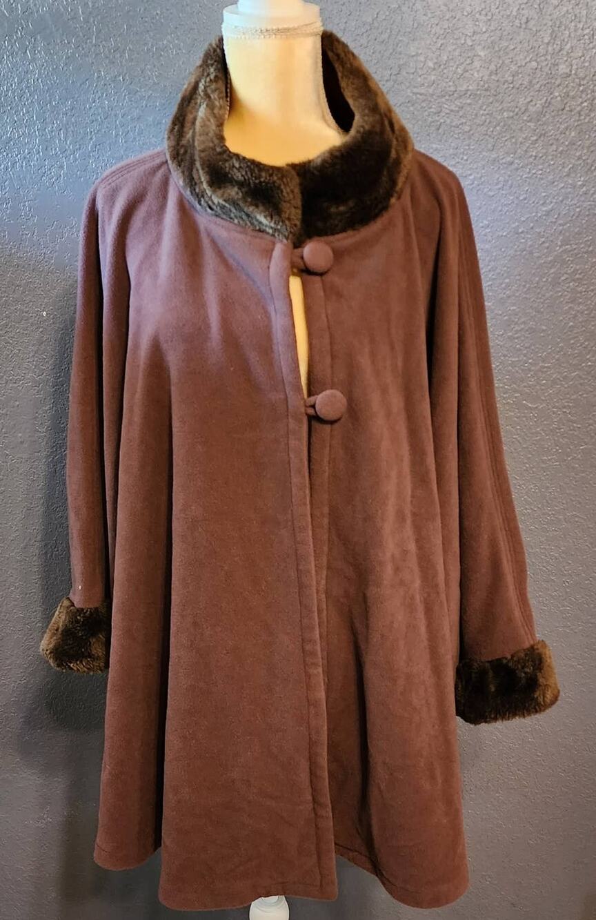 BLAIR Cape Coat Brown Faux Fur Collar and Cuff 2 Button Closure One Size